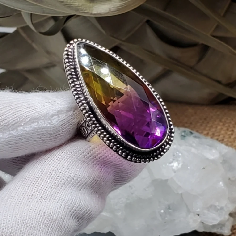 LARGE AMETRIN STONE  Rhodium/925 Silver Bohemian Ring Artisan Vintage Jewelry